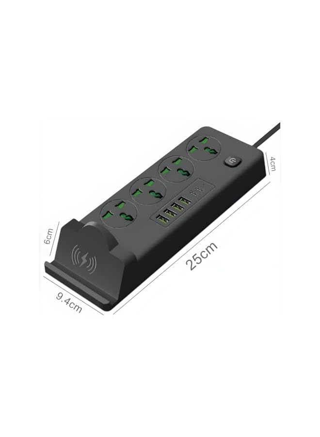 promass Universal Power Strip with 15W wireless charger, Type-C Charging Port, Extension cable with 4 sockets and 6 ports,3000W Extension Cord - Image 3