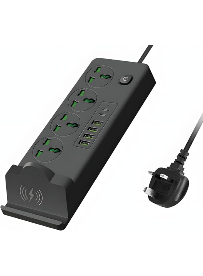 promass Universal Power Strip with 15W wireless charger, Type-C Charging Port, Extension cable with 4 sockets and 6 ports,3000W Extension Cord - Image 1
