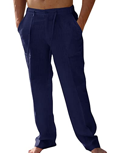 PASLTER Mens Casual Linen Pants Loose Fit Straight-Legs Elastic Drawstring Waist Summer Beach Yoga Long Pants A-Navy Blue - Image 5