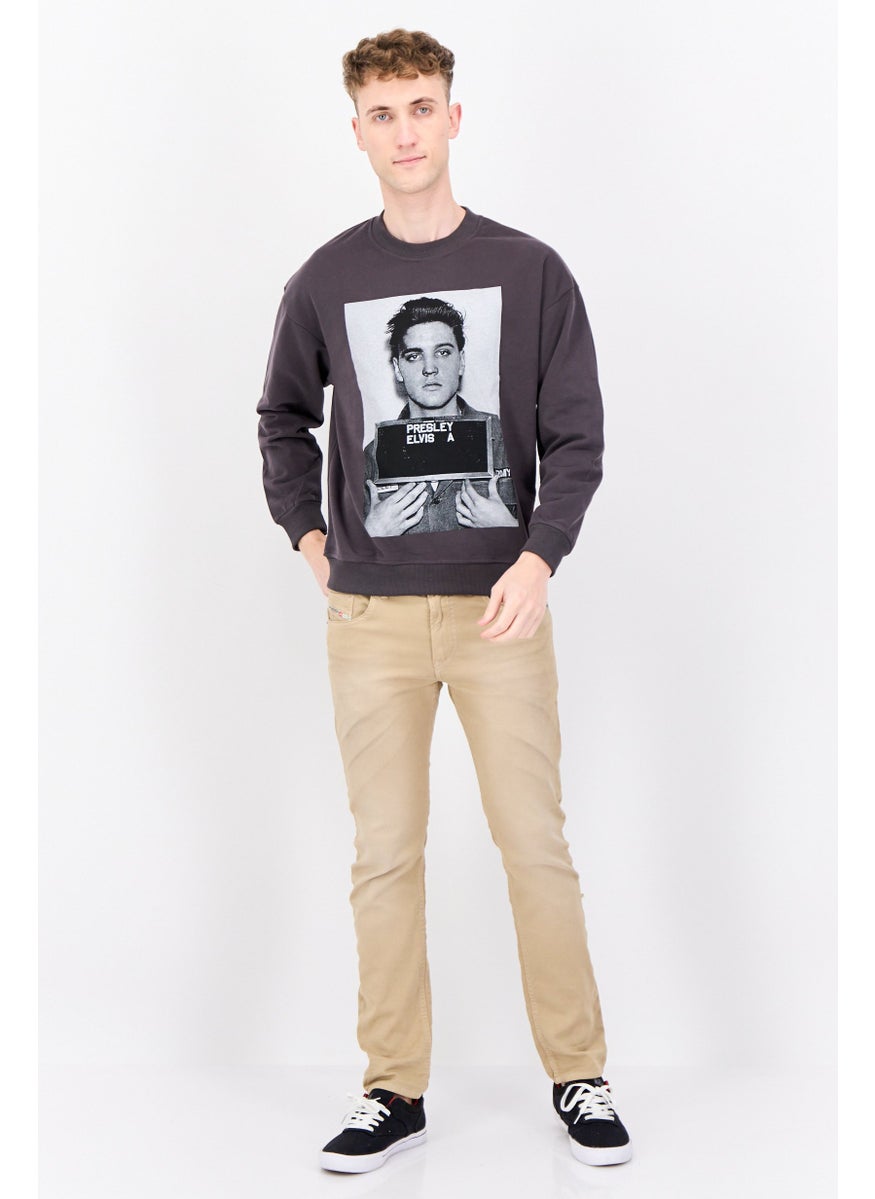ELVIS Men Crew Neck Graphic Printed Long Sleeves Sweatshirt, Charcoal Combo  - Image 3