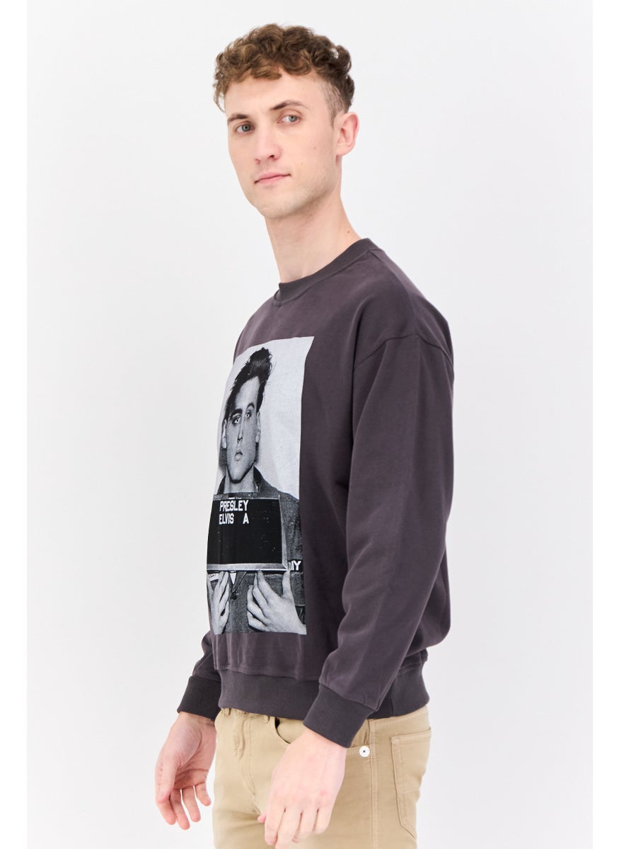 ELVIS Men Crew Neck Graphic Printed Long Sleeves Sweatshirt, Charcoal Combo  - Image 2