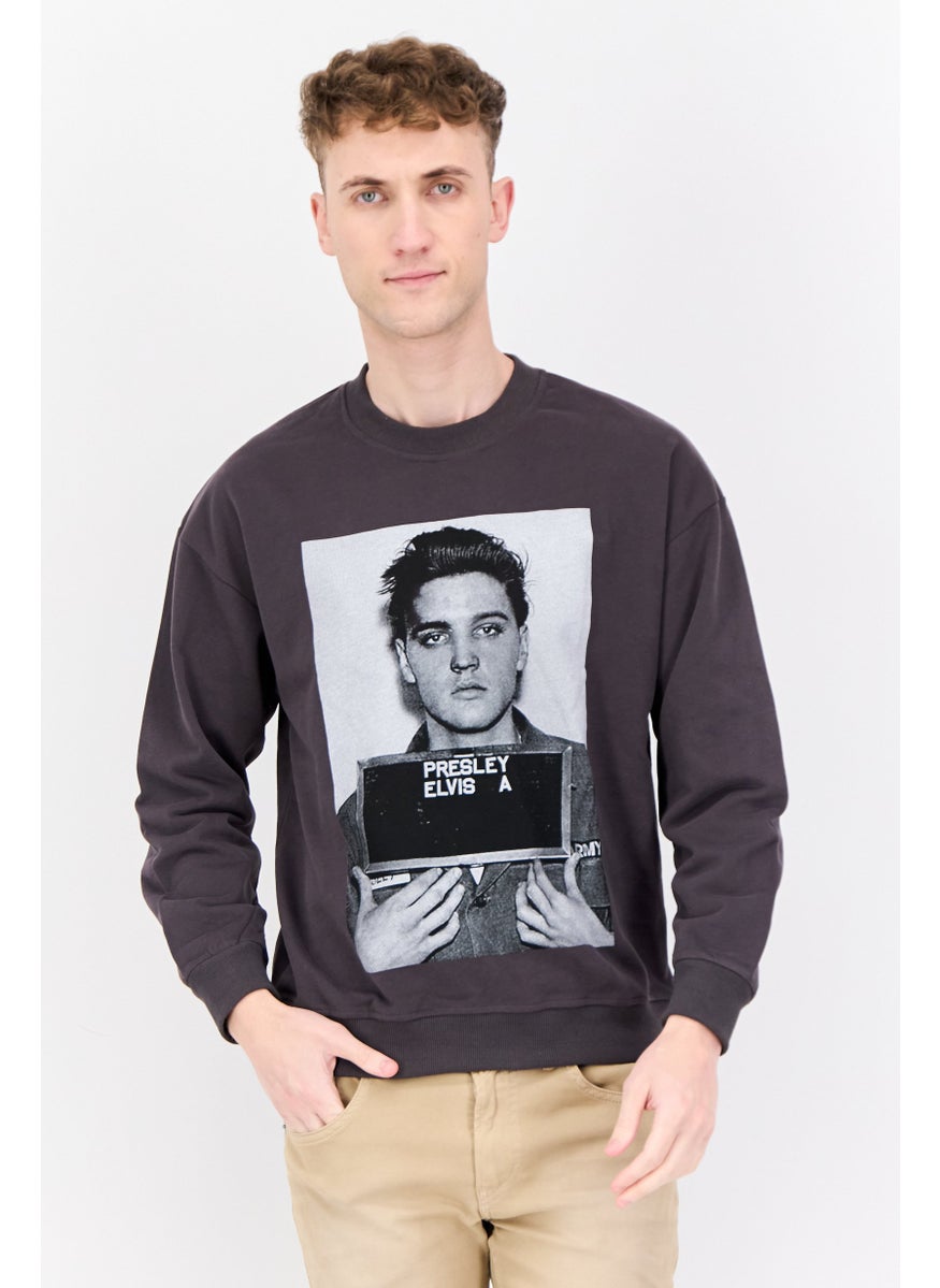 ELVIS Men Crew Neck Graphic Printed Long Sleeves Sweatshirt, Charcoal Combo  - Image 1