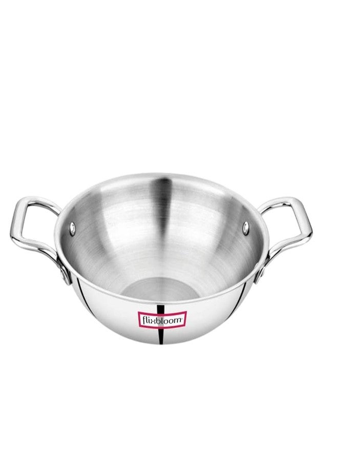 Flixbloom Urban Triply Stainless Steel (S.A.S) Induction Base/LPG compaitble Cookware Deep Kadai/Kadhai for Cooking and Serving with SS Lid (1 Litre) - Image 1