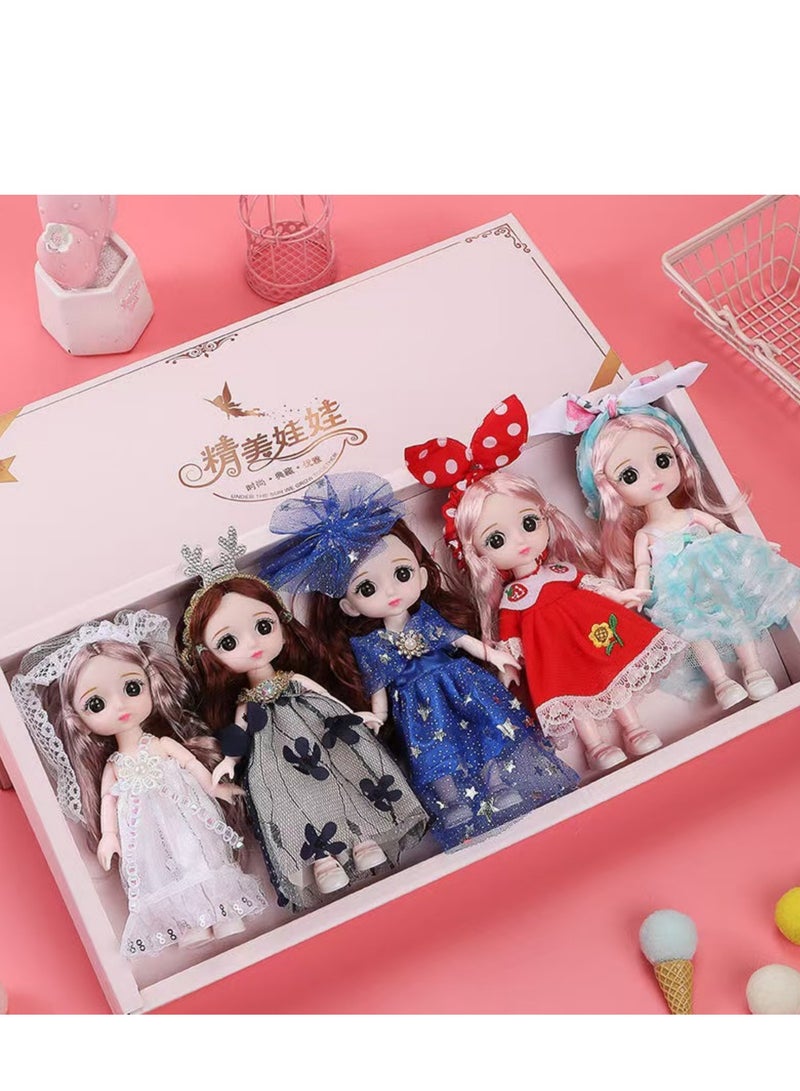 17 cm small doll princess gift box set children's girl clothes changeable dress-up Fashion Dolls Collection Set, 5 Pieces with Different Outfits, Pink Gift Box Girl gift (fairy tale) - Image 1