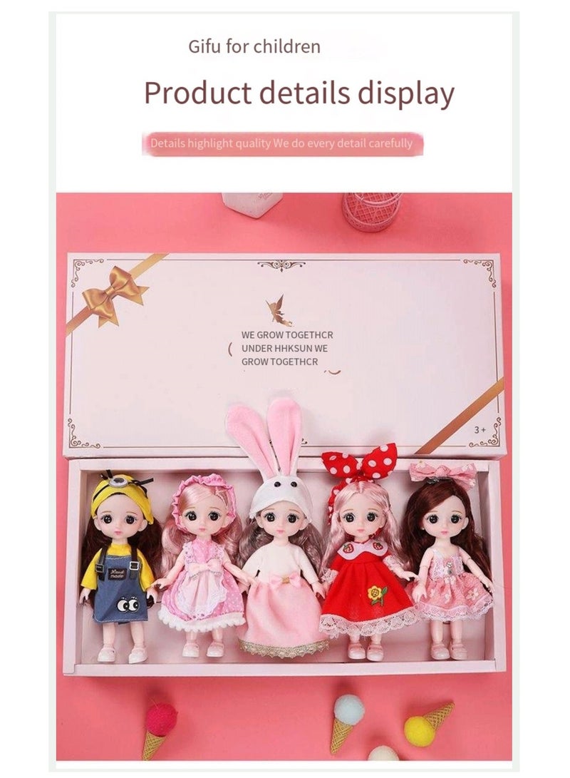 17 cm small doll princess gift box set children's girl clothes changeable dress-up Fashion Dolls Collection Set, 5 Pieces with Different Outfits, Pink Gift Box Girl gift (fairy tale) - Image 2