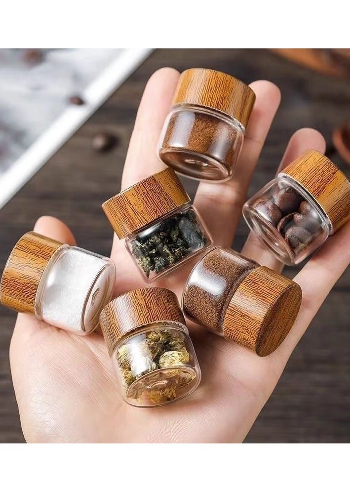 Bukela 6 Pieces Mini Glass Jars with Plastic Woodgrain Lids, Sealed Cans, Mini Mason Jars, Airtight Glass Pantry Canister for Coffee Bean Tea Sugar Liquid and Jewelry Beads (10ml) - Image 1