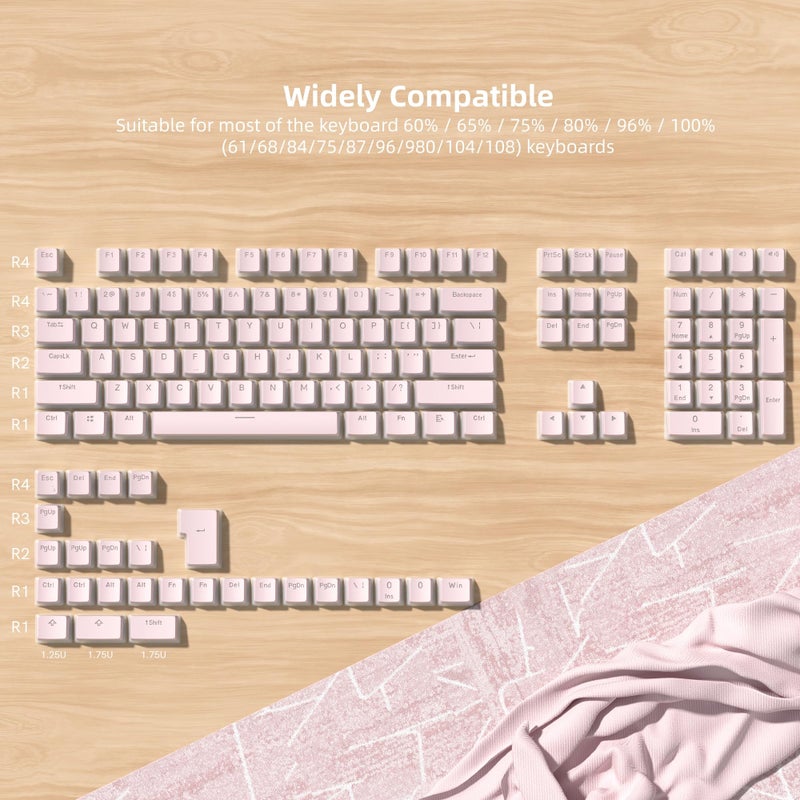 Womier Mechanical Keybaord Keycaps Pudding, PBT Pink Cute Keycaps, Shine Through Key Cap, OEM Profile for 60 65 75 100 Percent 130 Keys MX-stem Switches Keyboard Caps-Pink - Image 4