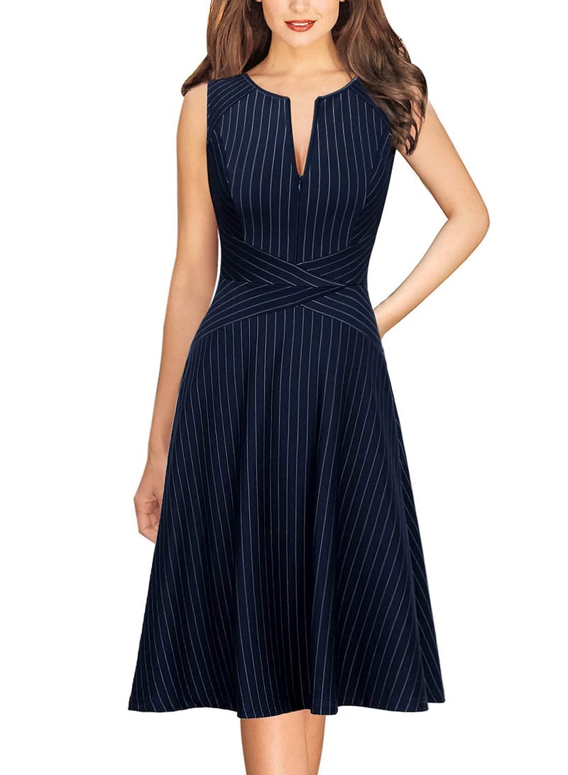 VFSHOW Womens Elegant Blue and White Pinstriped Pockets Slim Zipper up Work Business Office Party Skater A-Line Dress 2350 BLU L - Image 3