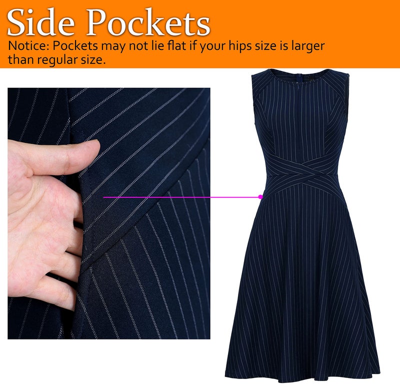 VFSHOW Womens Elegant Blue and White Pinstriped Pockets Slim Zipper up Work Business Office Party Skater A-Line Dress 2350 BLU L - Image 5