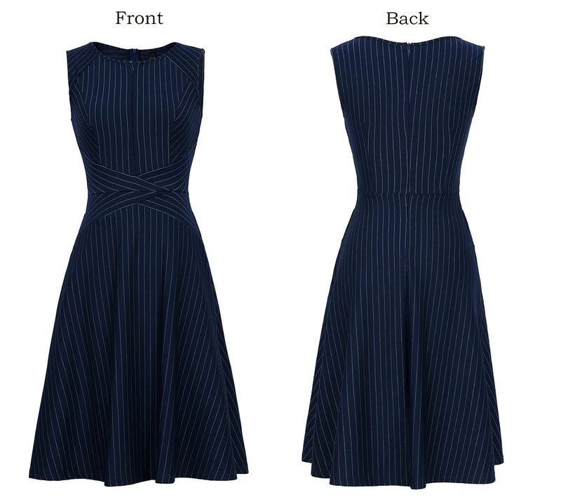 VFSHOW Womens Elegant Blue and White Pinstriped Pockets Slim Zipper up Work Business Office Party Skater A-Line Dress 2350 BLU L - Image 4