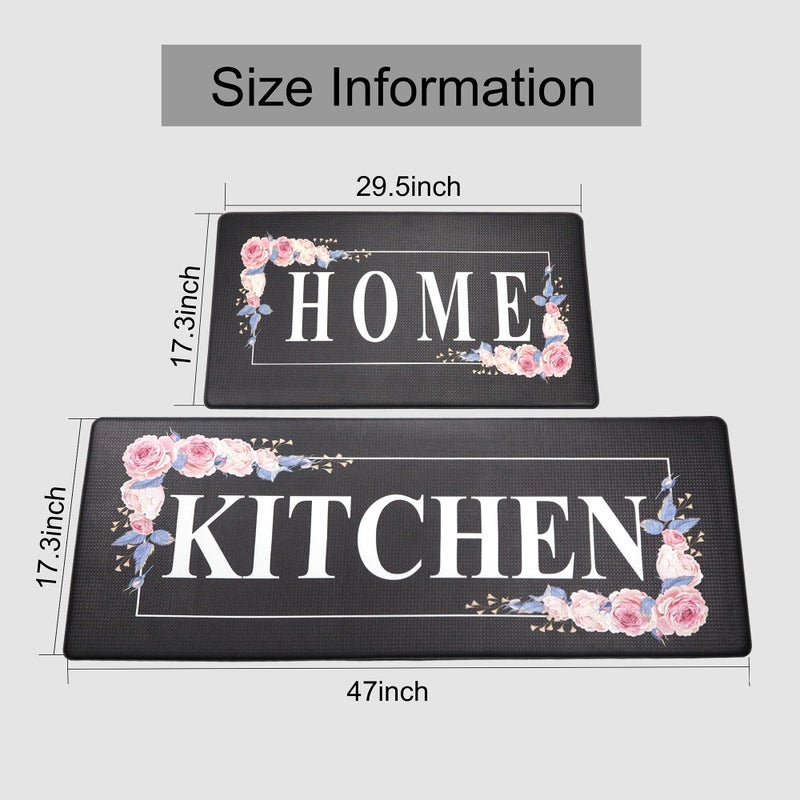 PCSWEET HOME Floral Kitchen Mat Sets 2PCS Non Skid Waterproof Kitchen Rugs and Runner Sets Cushioned Anti-Fatigue Comfort Mat for Home,Office Memory Foam Kitchen Rug, 17.3"x30"+17.3"x47", Black/Pink - Image 2
