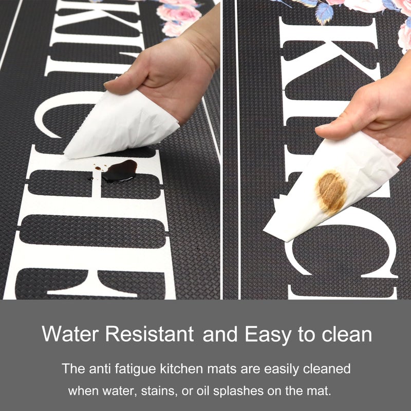 PCSWEET HOME Floral Kitchen Mat Sets 2PCS Non Skid Waterproof Kitchen Rugs and Runner Sets Cushioned Anti-Fatigue Comfort Mat for Home,Office Memory Foam Kitchen Rug, 17.3"x30"+17.3"x47", Black/Pink - Image 4