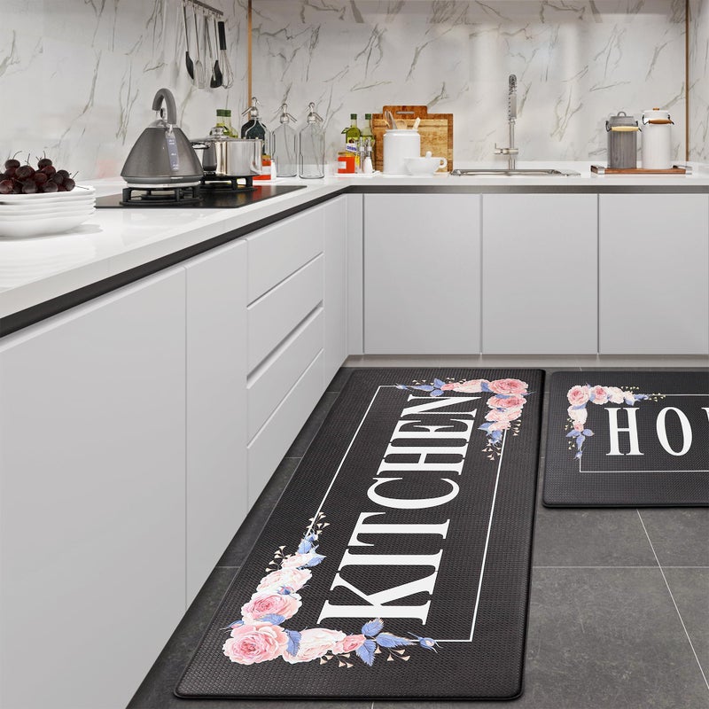 PCSWEET HOME Floral Kitchen Mat Sets 2PCS Non Skid Waterproof Kitchen Rugs and Runner Sets Cushioned Anti-Fatigue Comfort Mat for Home,Office Memory Foam Kitchen Rug, 17.3"x30"+17.3"x47", Black/Pink - Image 1