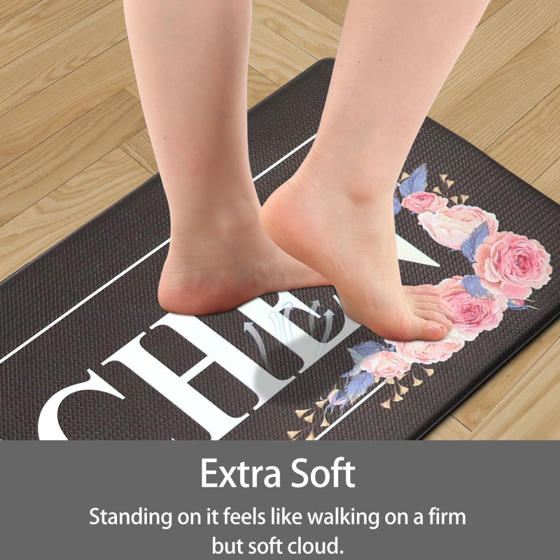 PCSWEET HOME Floral Kitchen Mat Sets 2PCS Non Skid Waterproof Kitchen Rugs and Runner Sets Cushioned Anti-Fatigue Comfort Mat for Home,Office Memory Foam Kitchen Rug, 17.3"x30"+17.3"x47", Black/Pink - Image 5