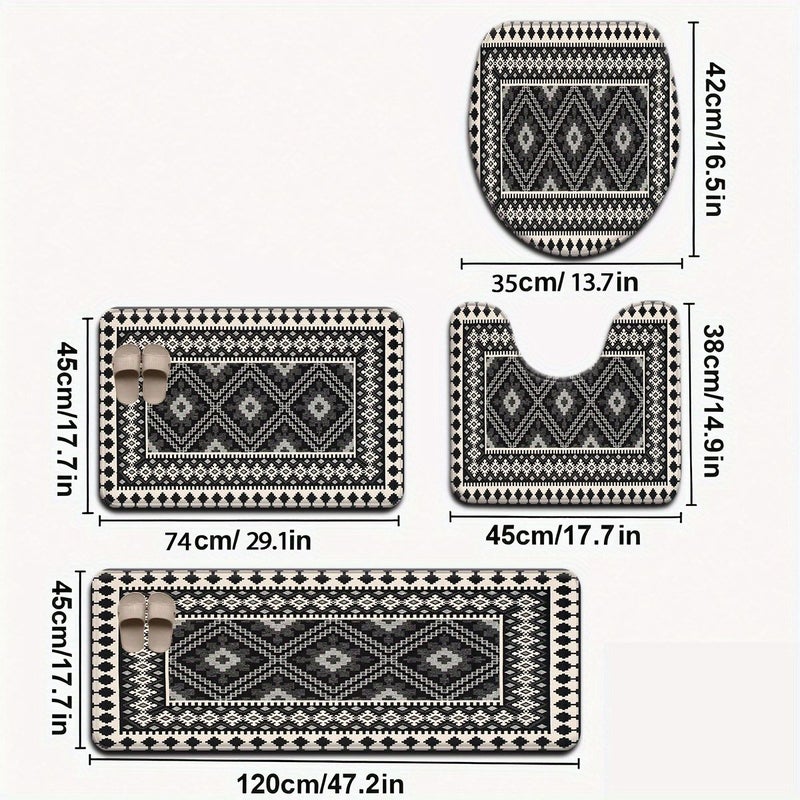3pcs Nordic Style Black Diamond Pattern Bathroom Mat Set With Toilet Seat Cover And U Shaped Foot Pad - Image 1
