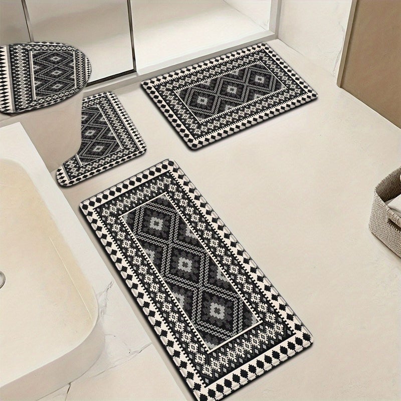 3pcs Nordic Style Black Diamond Pattern Bathroom Mat Set With Toilet Seat Cover And U Shaped Foot Pad - Image 5