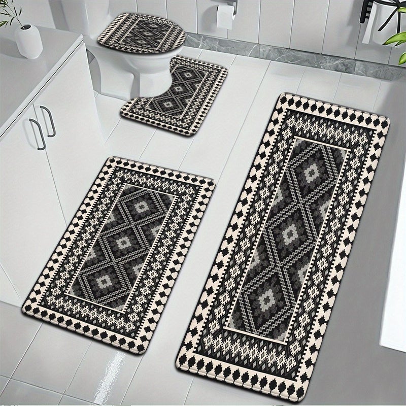 3pcs Nordic Style Black Diamond Pattern Bathroom Mat Set With Toilet Seat Cover And U Shaped Foot Pad - Image 2