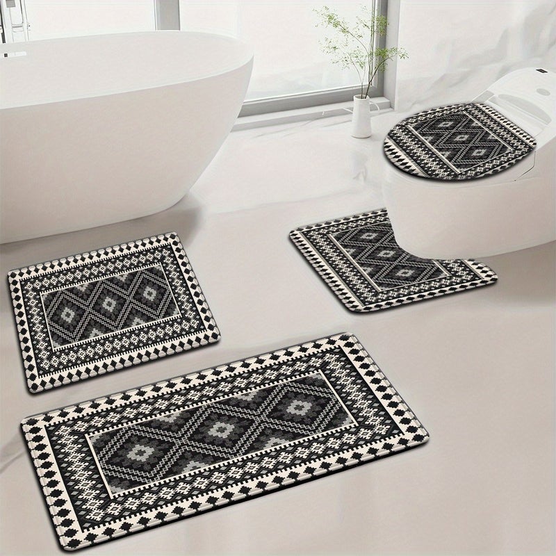 3pcs Nordic Style Black Diamond Pattern Bathroom Mat Set With Toilet Seat Cover And U Shaped Foot Pad - Image 3