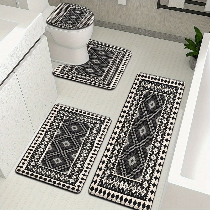 3pcs Nordic Style Black Diamond Pattern Bathroom Mat Set With Toilet Seat Cover And U Shaped Foot Pad - Image 4