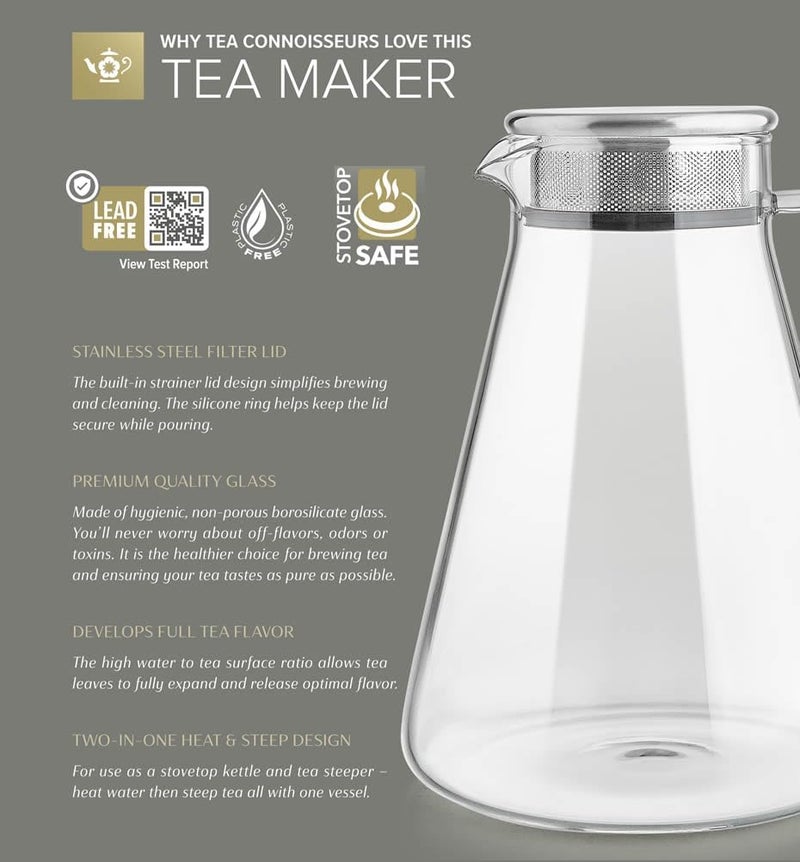 Teabloom One-Touch Tea Maker, 2-in-1 Teapot and Kettle with Stainless Steel Filter Lid for Loose Tea – Stain-free Borosilicate Glass Teapot (56 Oz) – Tea Connoisseur's Choice - Image 3