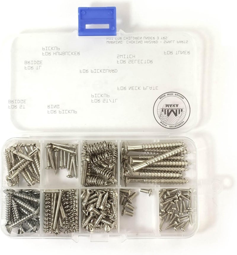 MAKA Guitar Screw Kit Assortment Box Kit for Electric Guitar Bridge, Pickup, Pickguard, Tuner, Switch, Neck Plate, with Springs, 9 Types, Total 149 Screws, Chrome - Image 1