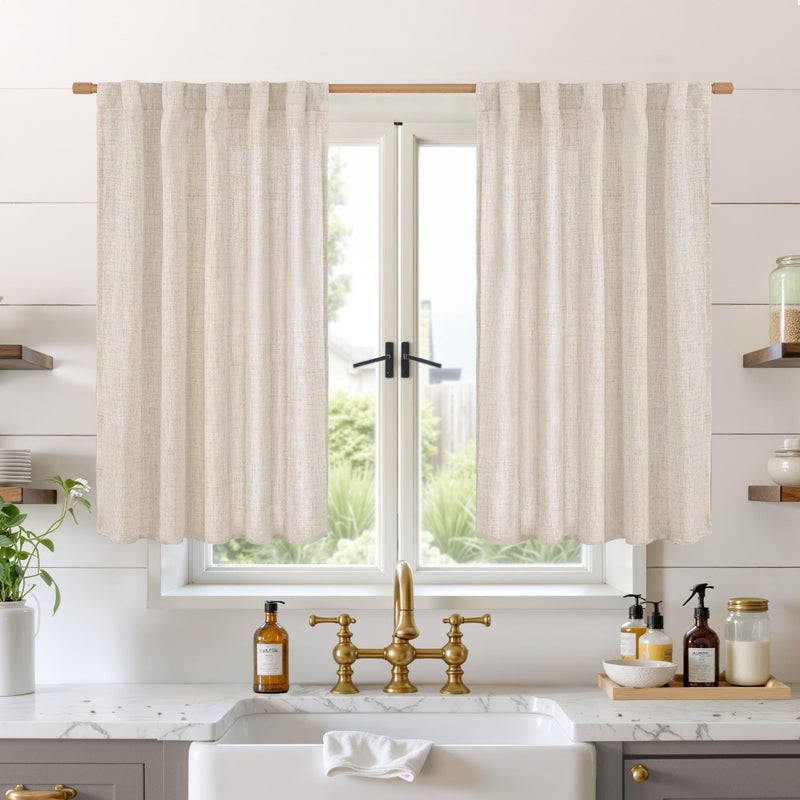 BGment Linen Curtains 40 Inch Length for Kitchen Cafe Window, Short Semi Sheer Drapes Light Filtering with Rod Pocket Back Tab Privacy for Bathroom Window, 2 Panels, 42 X 40 Inch - Image 1