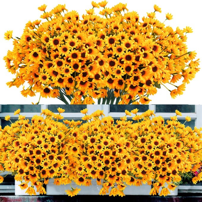 12PCS SILK SUNFLOWERS ARTIFICIAL FLOWERS BULK FAKE SUNFLOWERS WITH 24 SMALL DAISY MUMS FLOWERS FOR OUTDOORS HOME OFFICE CENTERPIECE WINDOW PORCH HANGING PLANTER FALL DCOR YELLOW