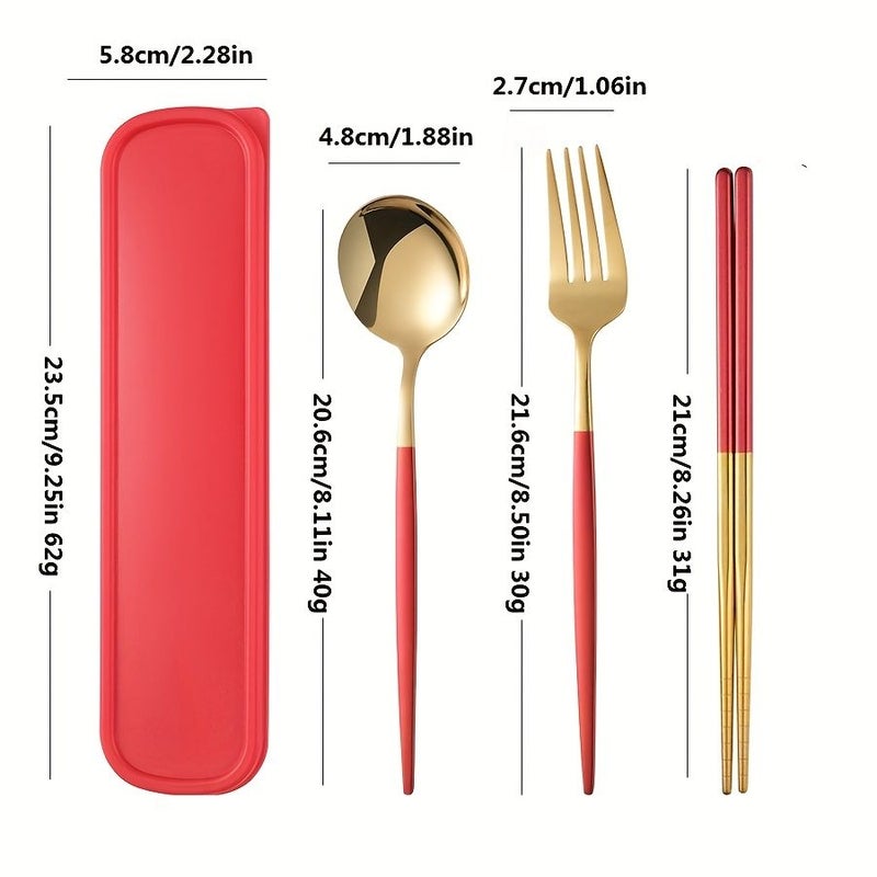 A Portable 3 Piece Stainless Steel Cutlery Set With Fork Spoon Chopsticks And Travel Case In Red Gold For Steak Dining Camping Hiking And Outdoor Gifts - Image 3