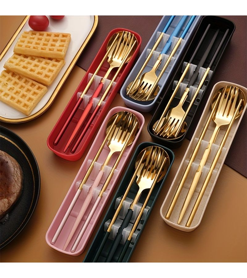 A Portable 3 Piece Stainless Steel Cutlery Set With Fork Spoon Chopsticks And Travel Case In Red Gold For Steak Dining Camping Hiking And Outdoor Gifts - Image 2