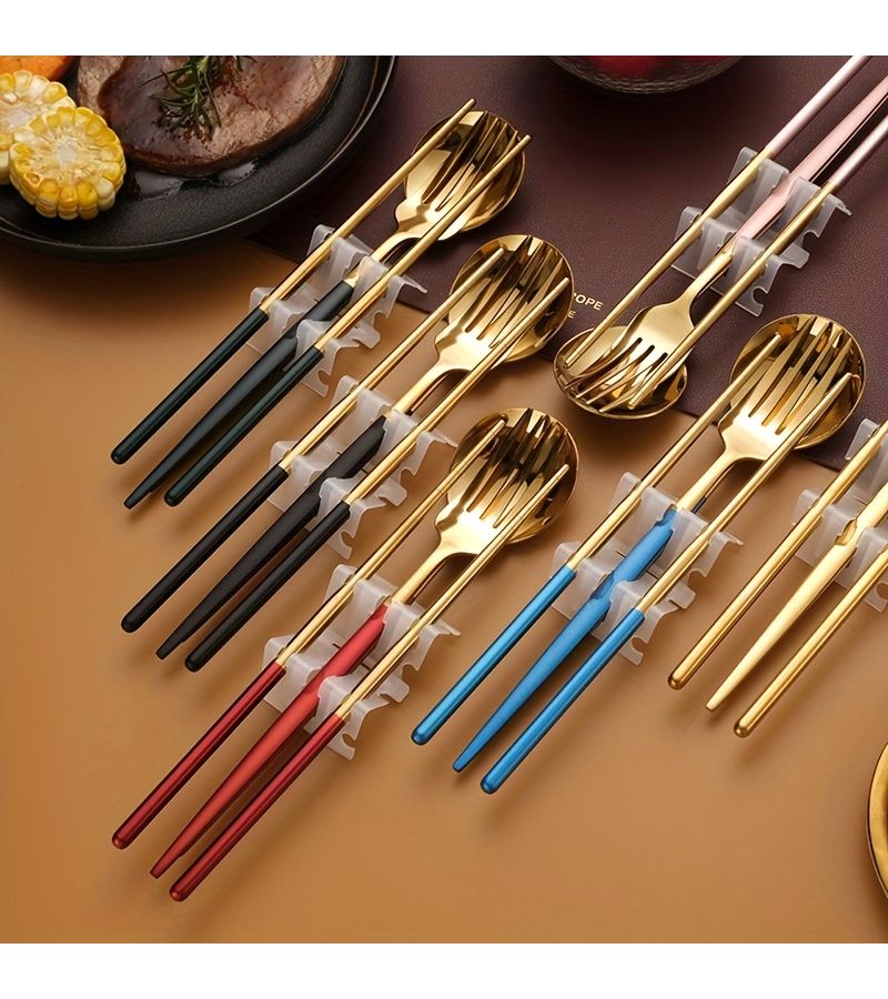 A Portable 3 Piece Stainless Steel Cutlery Set With Fork Spoon Chopsticks And Travel Case In Red Gold For Steak Dining Camping Hiking And Outdoor Gifts - Image 5