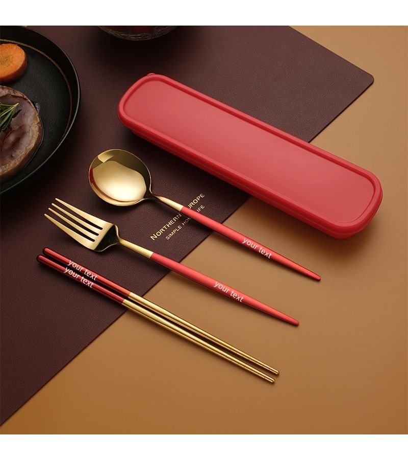A Portable 3 Piece Stainless Steel Cutlery Set With Fork Spoon Chopsticks And Travel Case In Red Gold For Steak Dining Camping Hiking And Outdoor Gifts - Image 1