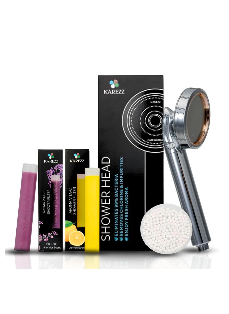 KAREZZ Shower Filter & Shower Head –Removes 99% Chlorine & Bacteria, Certified, Collagen Vitamin-C & Lavender Filters, Reduce Hair Loss, Skin Moisturiser, Chrome Finish, 14K Gold Ring – Universal Fit  - Image 1