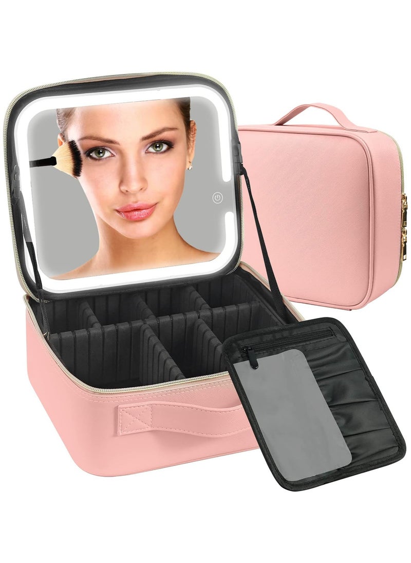 AUTOYSUR Travel Makeup Case with Lighted Mirror 3 Color Setting,Cosmetic Makeup Train Case with Adjustable Divider,Travel Makeup Bag with Light Up Mirror for Makeup Brushes,Makeup Accessories,Tools Case,Women (Pink)  - Image 1