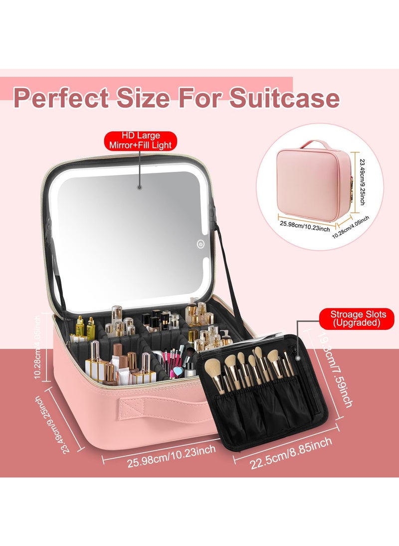 AUTOYSUR Travel Makeup Case with Lighted Mirror 3 Color Setting,Cosmetic Makeup Train Case with Adjustable Divider,Travel Makeup Bag with Light Up Mirror for Makeup Brushes,Makeup Accessories,Tools Case,Women (Pink)  - Image 2