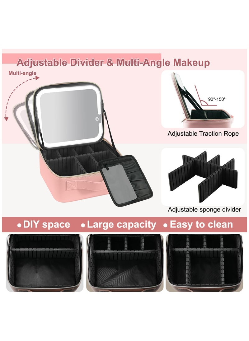 AUTOYSUR Travel Makeup Case with Lighted Mirror 3 Color Setting,Cosmetic Makeup Train Case with Adjustable Divider,Travel Makeup Bag with Light Up Mirror for Makeup Brushes,Makeup Accessories,Tools Case,Women (Pink)  - Image 3