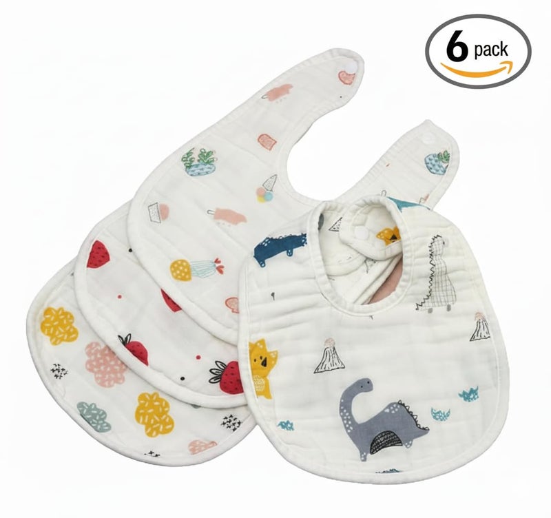 BabyGo Muslin Cotton Baby Bibs & Washcloths | Super Soft 8-Layer Cartoon Print Feeding Bibs & Towels, Gentle & Reusable for Newborns & Kids | Ideal for Sensitive Skin | Pack of 6 (Multicolor) - Image 2