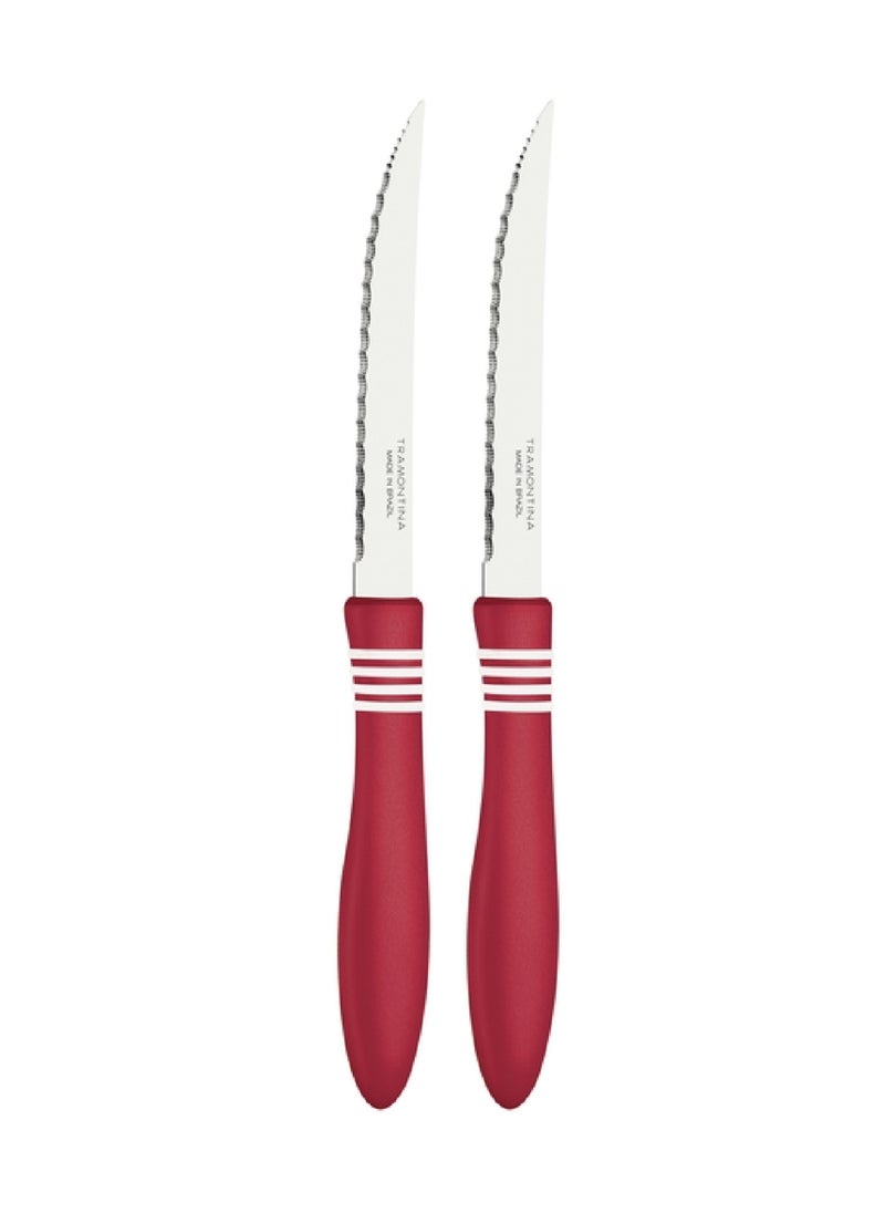 TRAMONTINA Since 1911,Made in Brazil- Cor&Cor 2 Pieces Steak Knife Set with Stainless Steel Blade and Red Polypropylene Handle  - Image 1