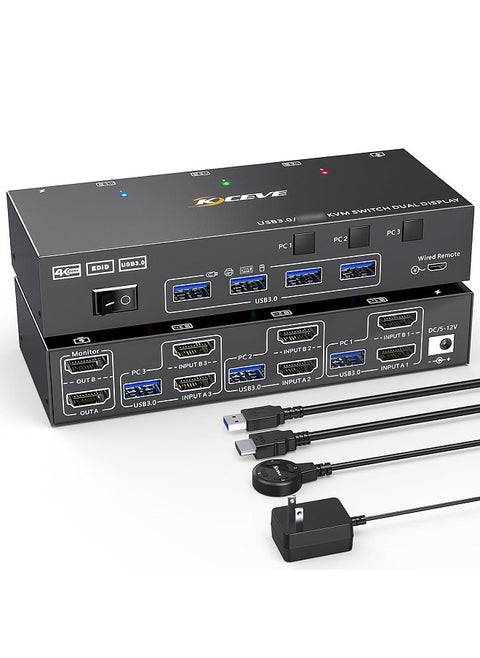Dual Monitor KVM Switch USB 3.0 HDMI-Compatible KVM Switch 2 Monitors 3 PCs 4K@60Hz 2K@144Hz, EDID Emulator, Dual Monitor KVM Switch with 4 USB 3.0 Ports