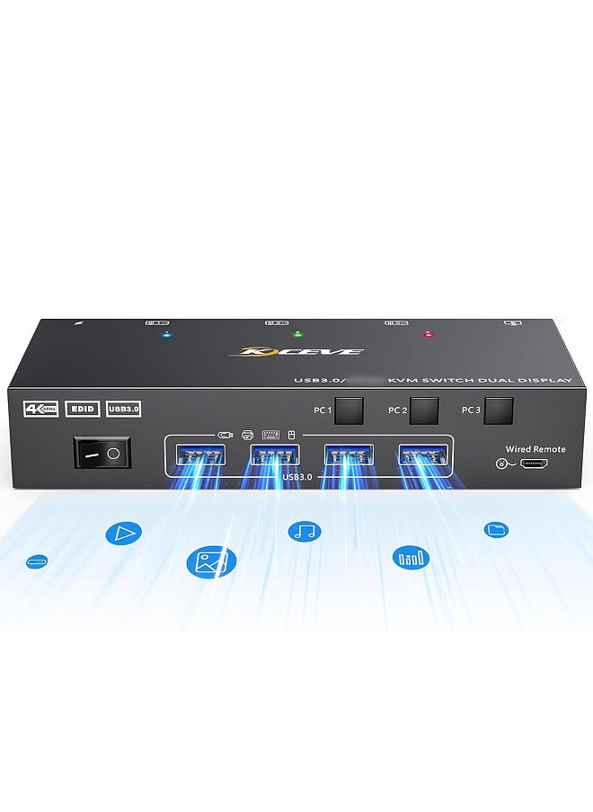 Dual Monitor KVM Switch USB 3.0 HDMI-Compatible KVM Switch 2 Monitors 3 PCs 4K@60Hz 2K@144Hz, EDID Emulator, Dual Monitor KVM Switch with 4 USB 3.0 Ports