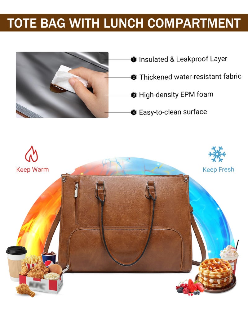 BAVERGE Laptop Tote Bag with Insulated Lunch Compartment for Women Work, PU Leather Lunch Bag with 15.6 Inch Computer Compartment - Image 4