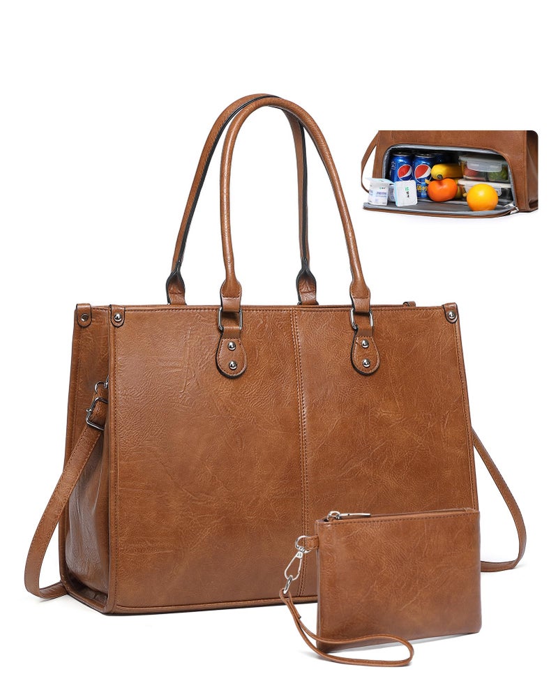 BAVERGE Laptop Tote Bag with Insulated Lunch Compartment for Women Work, PU Leather Lunch Bag with 15.6 Inch Computer Compartment - Image 1