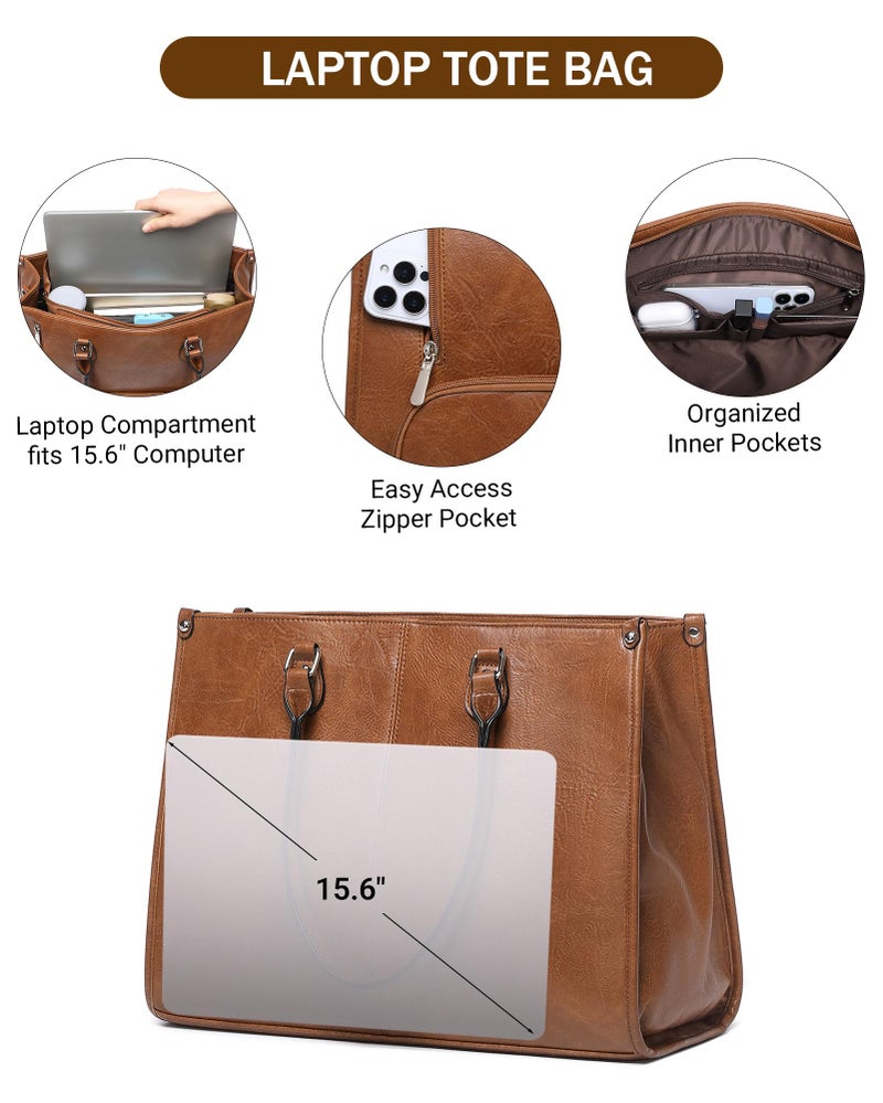 BAVERGE Laptop Tote Bag with Insulated Lunch Compartment for Women Work, PU Leather Lunch Bag with 15.6 Inch Computer Compartment - Image 3
