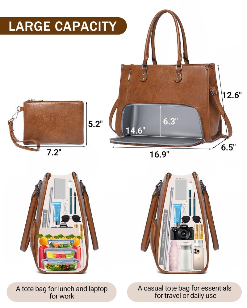 BAVERGE Laptop Tote Bag with Insulated Lunch Compartment for Women Work, PU Leather Lunch Bag with 15.6 Inch Computer Compartment - Image 2