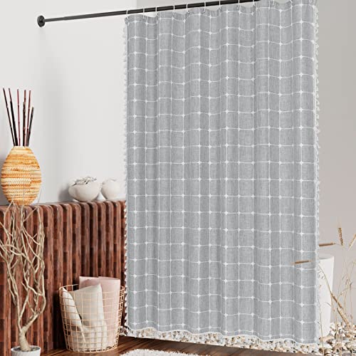 MitoVilla Modern Farmhouse Shower Curtain Set, Grey Boho Shower Curtains for Bathroom Decor, Vintage Rustic Thick Linen Fabric , Country Tassel Cloth, 72 x 72 - Image 2
