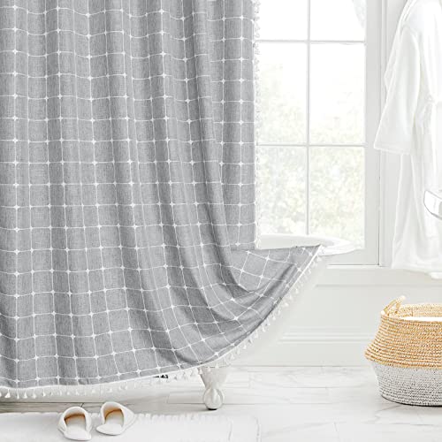 MitoVilla Modern Farmhouse Shower Curtain Set, Grey Boho Shower Curtains for Bathroom Decor, Vintage Rustic Thick Linen Fabric , Country Tassel Cloth, 72 x 72 - Image 1