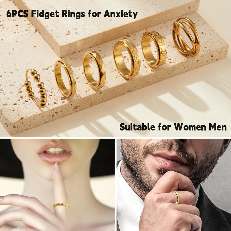 LOFITOR Gold Plated Fidget Rings for Anxiety 6pcs Stainless Steel Spinner Ring Anti Anxiety Ring Spinning Moon Star Cool Stress Relieveing CZ Rings for Women Men Band Rings Set Elegant Si8 - Image 3