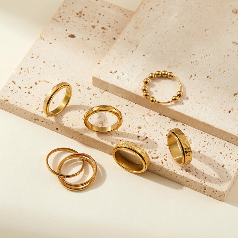 LOFITOR Gold Plated Fidget Rings for Anxiety 6pcs Stainless Steel Spinner Ring Anti Anxiety Ring Spinning Moon Star Cool Stress Relieveing CZ Rings for Women Men Band Rings Set Elegant Si8 - Image 2