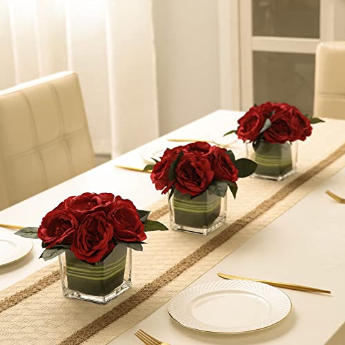GreenHouzz Artificial Peony Silk Flower Centerpieces Faux Floral Arrangement in Glass Vase for Home Wedding Table Decoration (Red) - Image 2