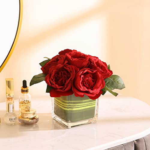 GreenHouzz Artificial Peony Silk Flower Centerpieces Faux Floral Arrangement in Glass Vase for Home Wedding Table Decoration (Red) - Image 3