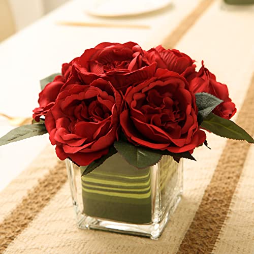 GreenHouzz Artificial Peony Silk Flower Centerpieces Faux Floral Arrangement in Glass Vase for Home Wedding Table Decoration (Red) - Image 1
